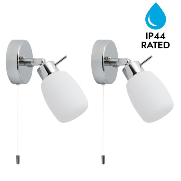 Set of 2 Brom - Chrome Opal Glass IP44 Pull Cord Bathroom Wall Spotlights