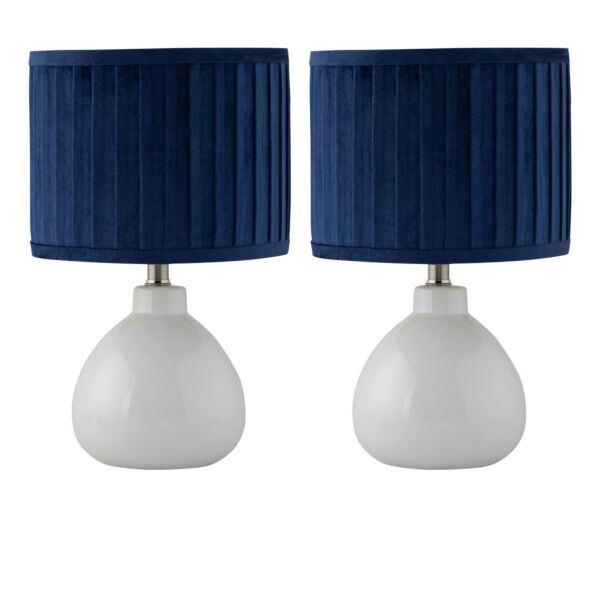 Set of 2 Tuscan - White Ceramic Lamps with Navy Pleated Velvet Shade