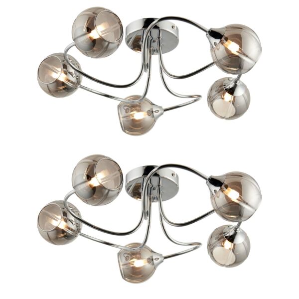 Set of 2 Rhian - Chrome with Smoked Glass 5 Light Flush Ceiling Lights