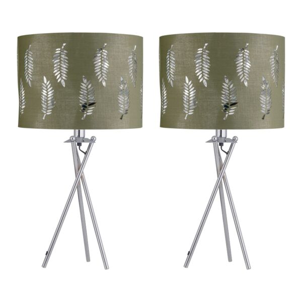 Set of 2 Tripod Table Lamps with Sage Green Fern Cut Out Shades