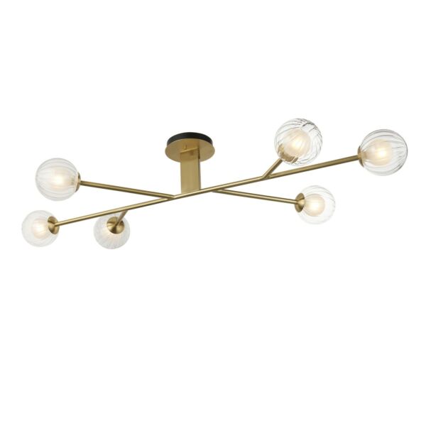 Jacobson - Satin Brass Clear Frosted Glass 6 Light Flush Ceiling Light