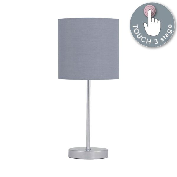 Chrome Touch Operated Table Lamp with Grey Cotton Shade