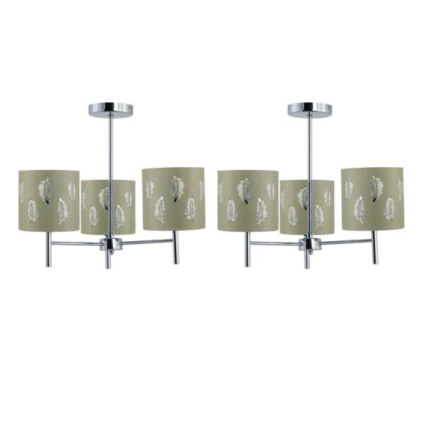 Set of 2 Brea - Chrome 3 Light Fittings with Sage Green Fern Shades