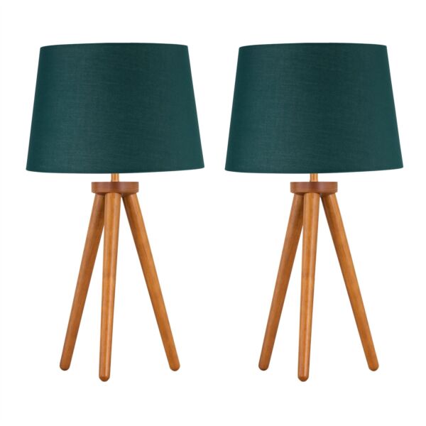 Set of 2 Dark Oak Table Lamp or Bedside Lights with Dark Green Shades