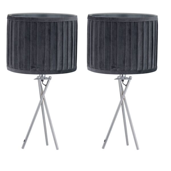 Set of 2 Sundance - Chrome Tripod Table Lamps with Grey Pleated Velvet Shades