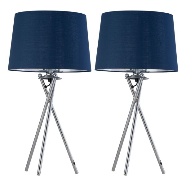 Set of 2 Tripod - Chrome Lamps with Navy Blue & Silver Fabric Shade