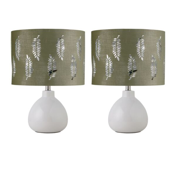 Set of 2 Tuscan - White Ceramic Lamps with Sage Green Fern Shade