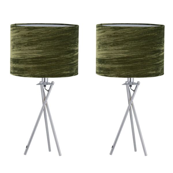 Set of 2 Chrome Tripod Table Lamps with Green Crushed Velvet Shades