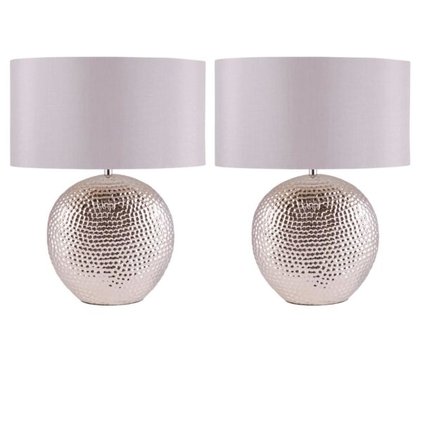 Set of 2 Dimpled Oval Chrome Plated Ceramic Bedside Table Light Base with Grey Faux Silk Oval Fabric Shade