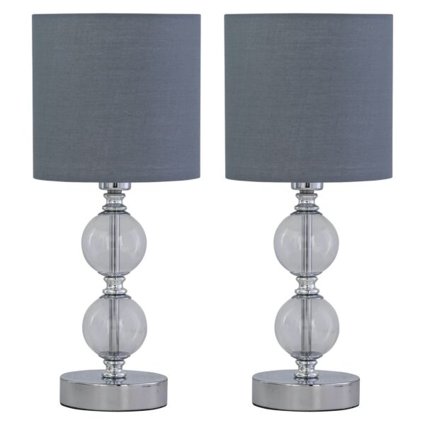 Set of 2 Chrome Two Ball Table Lamp with Grey Cotton Shades