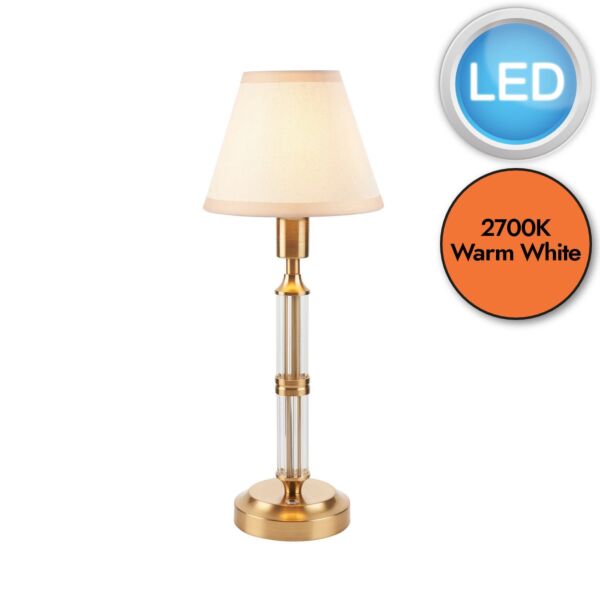 Endon Lighting - Morton Rechargeable & Ivy 16cm - 114849 - LED Aged Brass Vintage White Touch Table Lamp With Shade