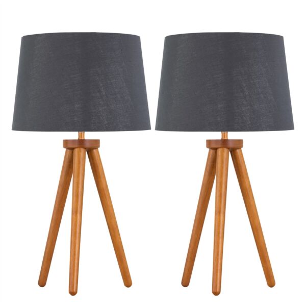 Set of 2 Dark Oak Table Lamp or Bedside Lights with Grey Silver Shades