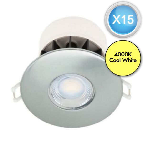 Set of 15 Fire Rated LED Bathroom Downlights - Brushed Steel IP65 Recessed Downlights