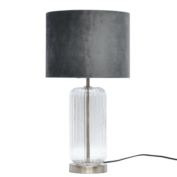 Walpole - Clear Fluted Glass and Brushed Chrome 49cm Table Lamp with Grey Velvet Shade