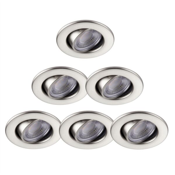 Set of 6 Satin Nickel Fire Rated 6W LED 3000K Tilt Recessed Downlights