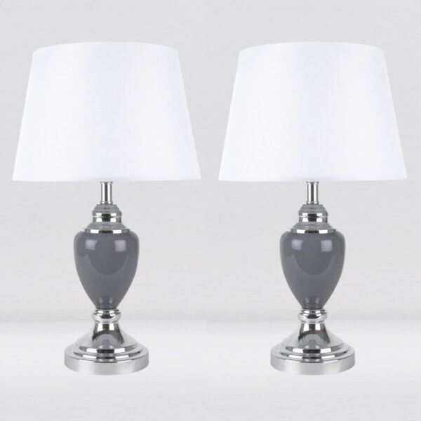 Set of 2 Chrome and Grey Urn Table Lamps with White Shades