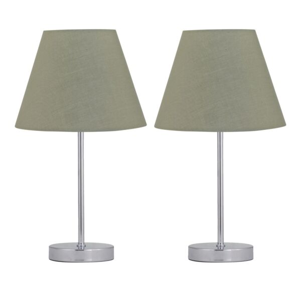 Set of 2 Chrome Stick Table Lamps with Sage Green Fabric Shades