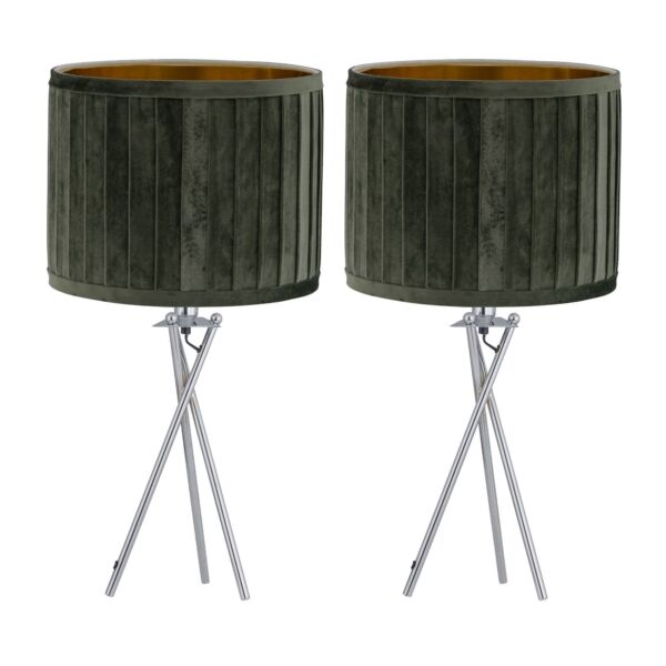 Set of 2 Sundance - Chrome Tripod Table Lamps with Dark Green Pleated Velvet Shades