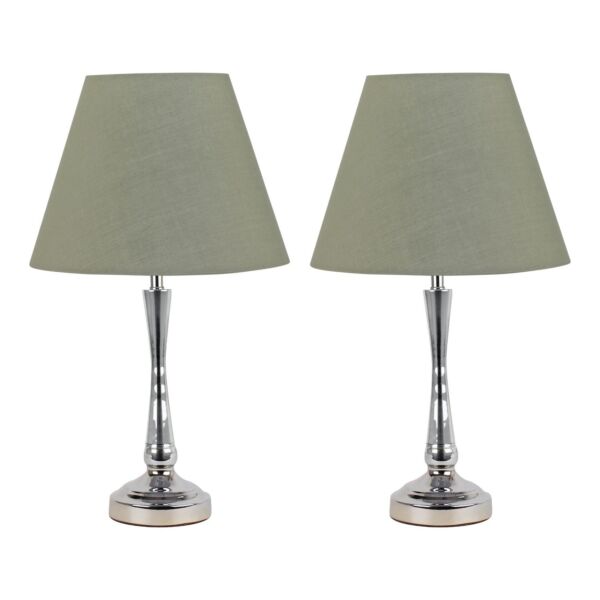 Set of 2 Chrome Table Lamps with Stem Detail and Sage Green Shades