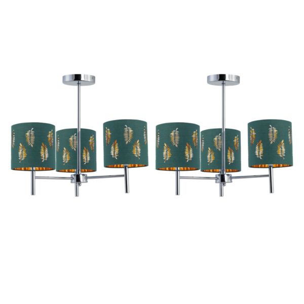 Set of 2 Brea - Chrome 3 Light Fittings with Dark Green Fern Shades