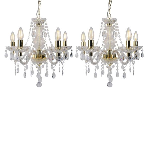 Set of 2 Clear and Gold Marie Therese Style 5 x 40W Chandelier