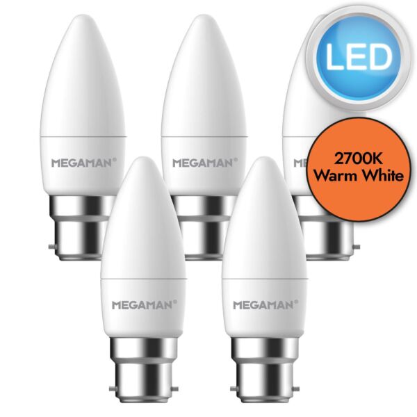 5 x 5.5W LED B22 Candle Dimmable Light Bulbs - Warm White