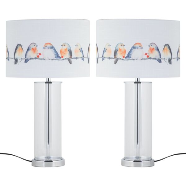 Set of 2 Aura - Chrome Table Lamps with Bird Print Linen Shades