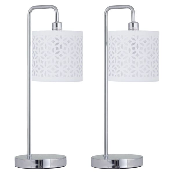 Set of 2 Chrome Arched Table Lamps with White Laser Cut Shades