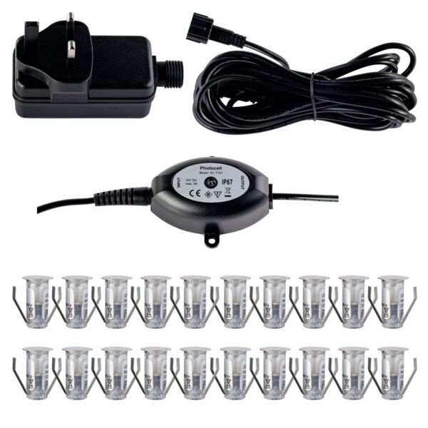 Set of 20 - 15mm IP67 Warm White LED Decking Kit with Photocell