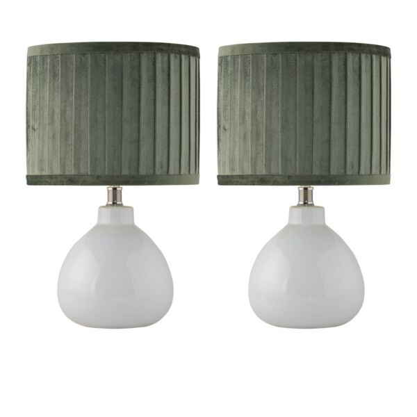 Set of 2 Tuscan - White Ceramic Lamps with Green Pleated Velvet Shade