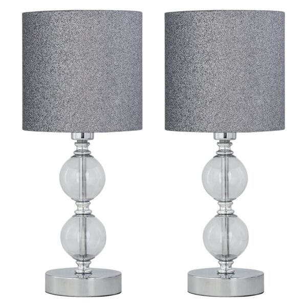 Set of 2 Chrome Two Ball Table Lamp with Silver Glitter Shades