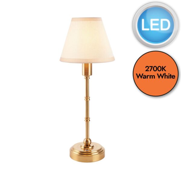 Endon Lighting - Burley Rechargeable & Ivy 16cm - 114811 - LED Aged Brass Vintage White Touch Table Lamp With Shade