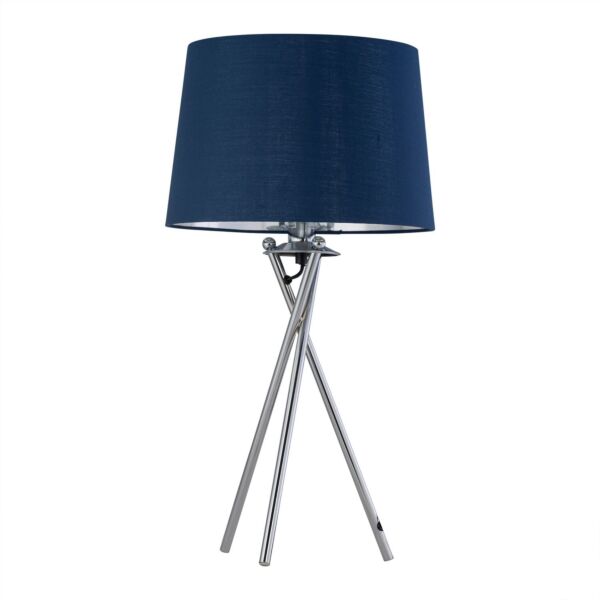 Tripod - Chrome Lamp with Navy Blue & Silver Fabric Shade