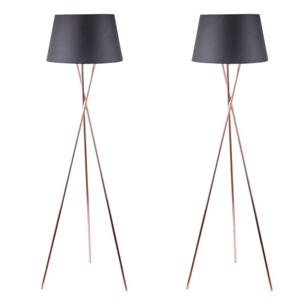 Pair Copper Tripod Floor Lamp with Black Fabric Shade