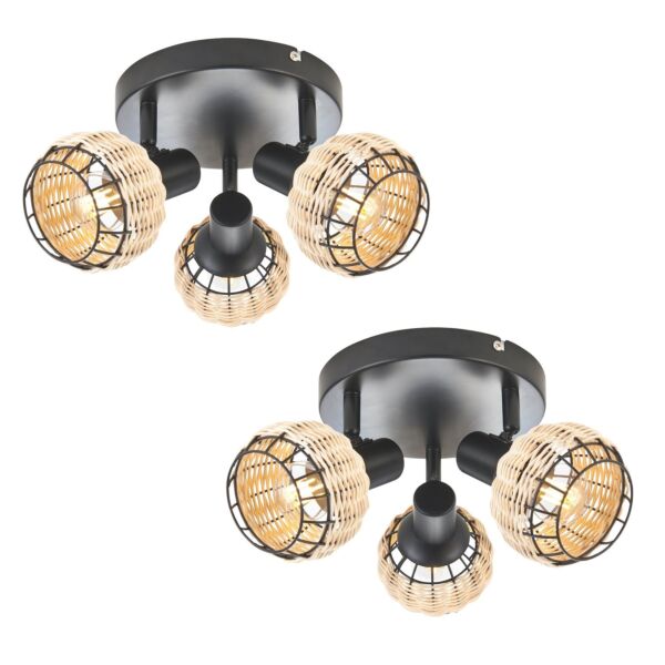 Set of 2 Goa - Black and Natural Rattan 3 Light Ceiling Spotlight Plates