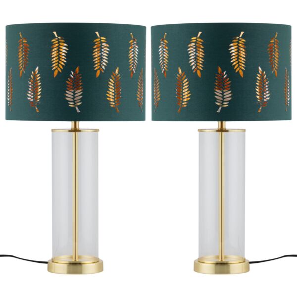 Set of 2 Aura - Satin Brass Lamps with Green Fern Cut Out Shades