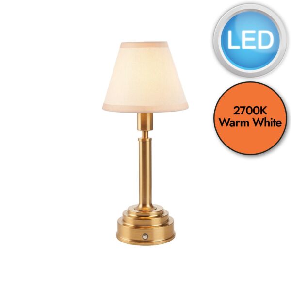 Endon Lighting - Upton Rechargeable & Ivy 16cm - 114889 - LED Aged Brass Vintage White Touch Table Lamp With Shade