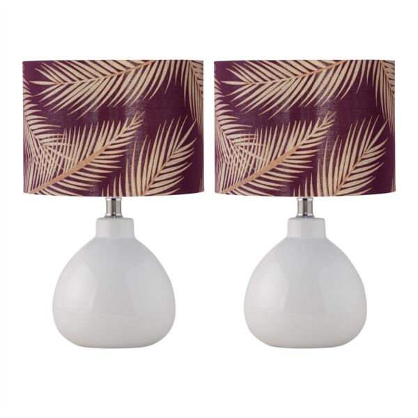 Set of 2 Tuscan - White Ceramic Lamps with Tropical Burgundy Shade