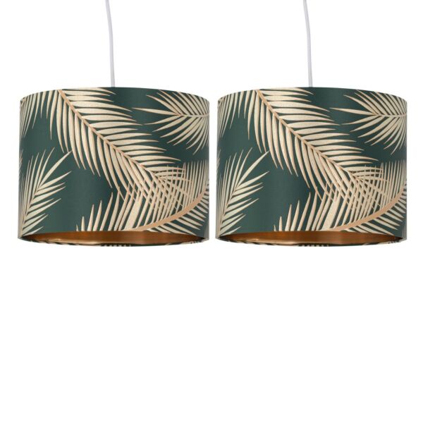 Set of 2 Tropica - Dark Green with Gold Embossed Leaf Detail 25cm Ceiling Pendant or Table Lamp Shades