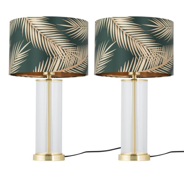 Set of 2 Aura - Satin Brass Lamps with Green & Gold Leaf Shades