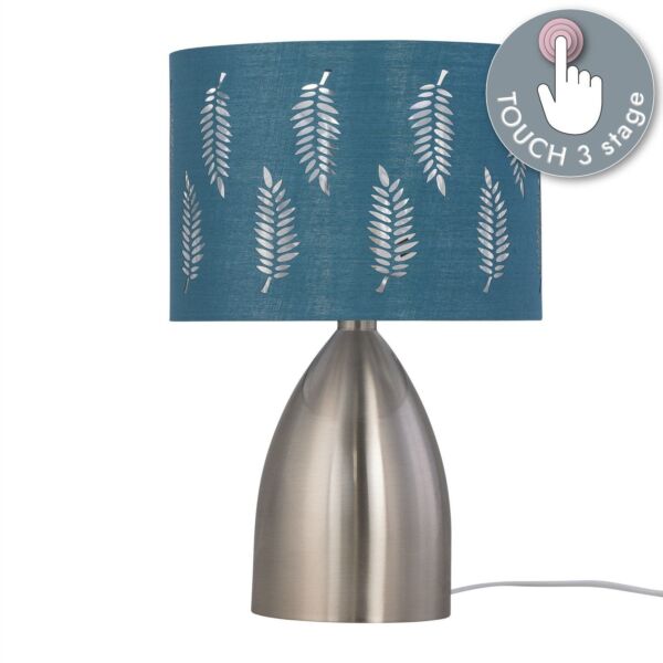 Valentina - Brushed Chrome Touch Lamp with Teal Fern Shade