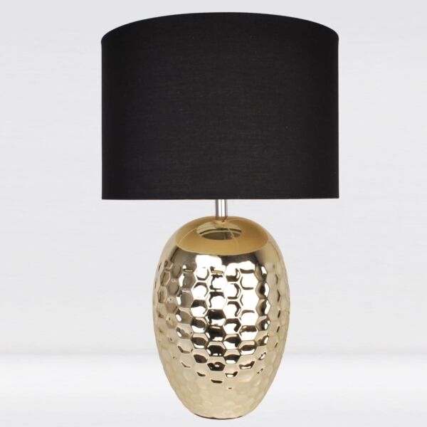 Textured Ceramic Bedside Table Light with Pale Gold Plated Finish and Black Textured Cotton Fabric Shade