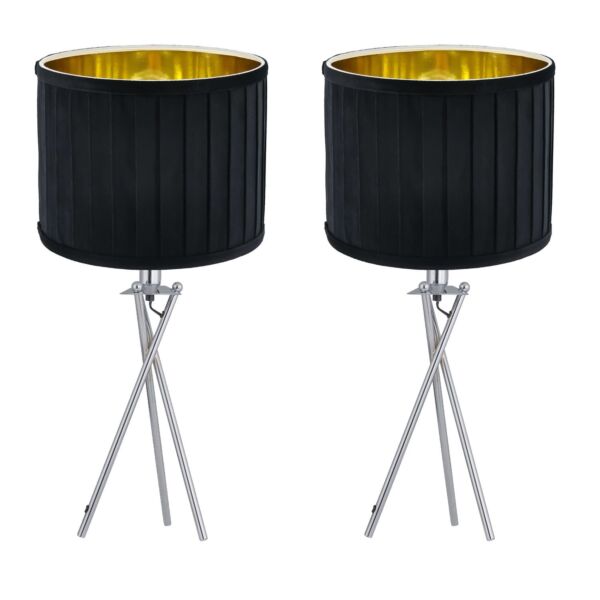 Set of 2 Sundance - Chrome Tripod Table Lamps with Black Pleated Velvet Shades