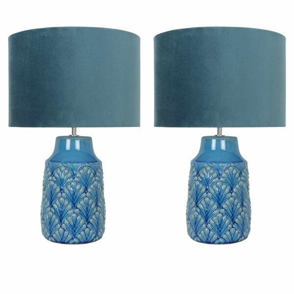 Set of 2 Peacock Ceramic Lamps with Teal Velour Shade