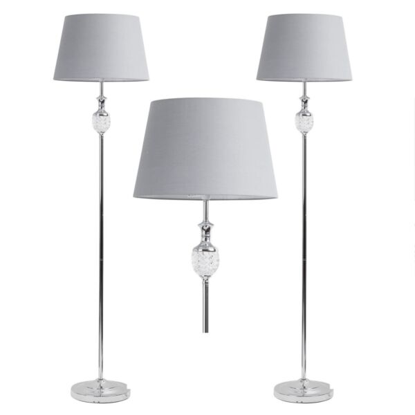 Pair of Polished Chrome with Moulded Glass Detail Floor Lamp with Grey Shades