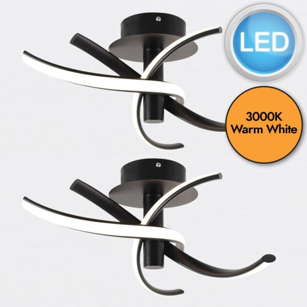 Set of 2 Matt Black LED Twist Ceiling Lights