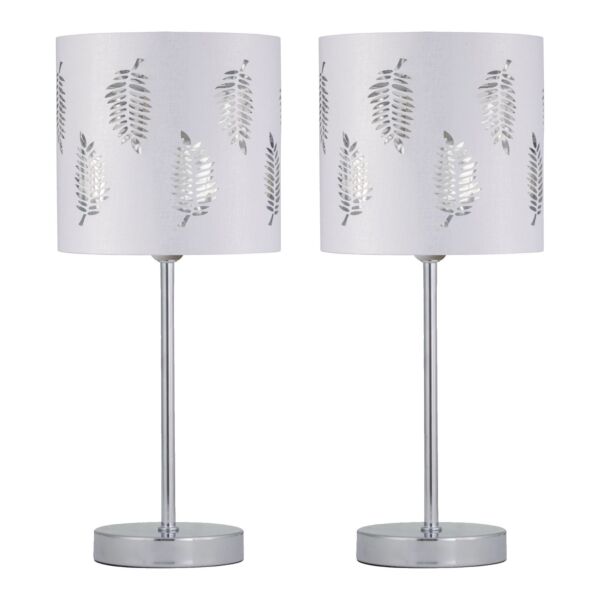 Set of 2 Chrome Touch Operated Table Lamps with White Fern Shades