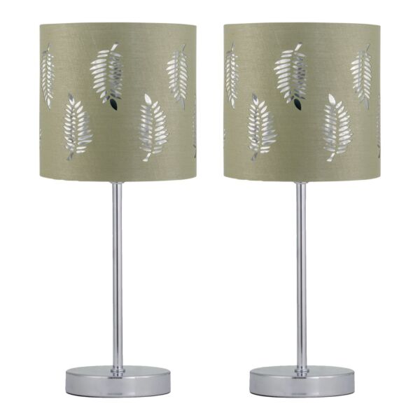 Set of 2 Chrome Stick Table Lamps with Sage Green Fern Shades