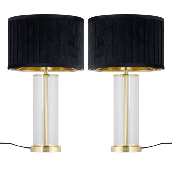 Set of 2 Aura - Satin Brass Lamps with Black Pleated Velvet Shades