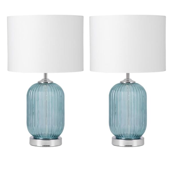 Set of 2 Turquoise Ribbed Glass Lamps with White Shades